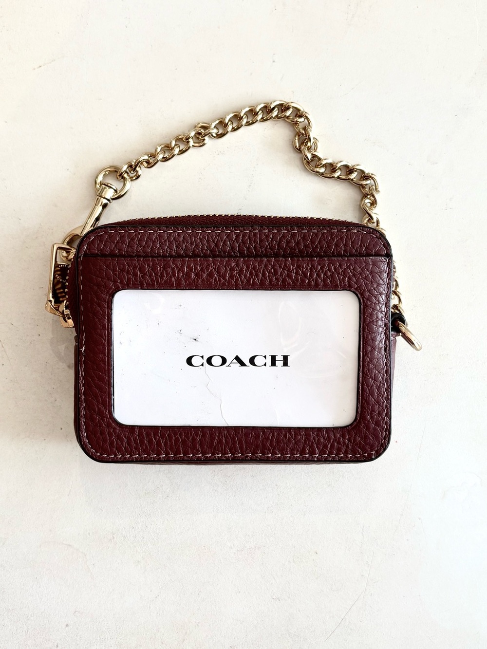 Coach Burgundy Pebbled Leather Card Case with Gold Chain